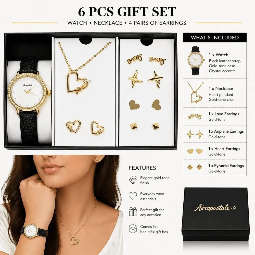 Aeropostale Watch Jewelry Set Necklace Earrings Gold Tone